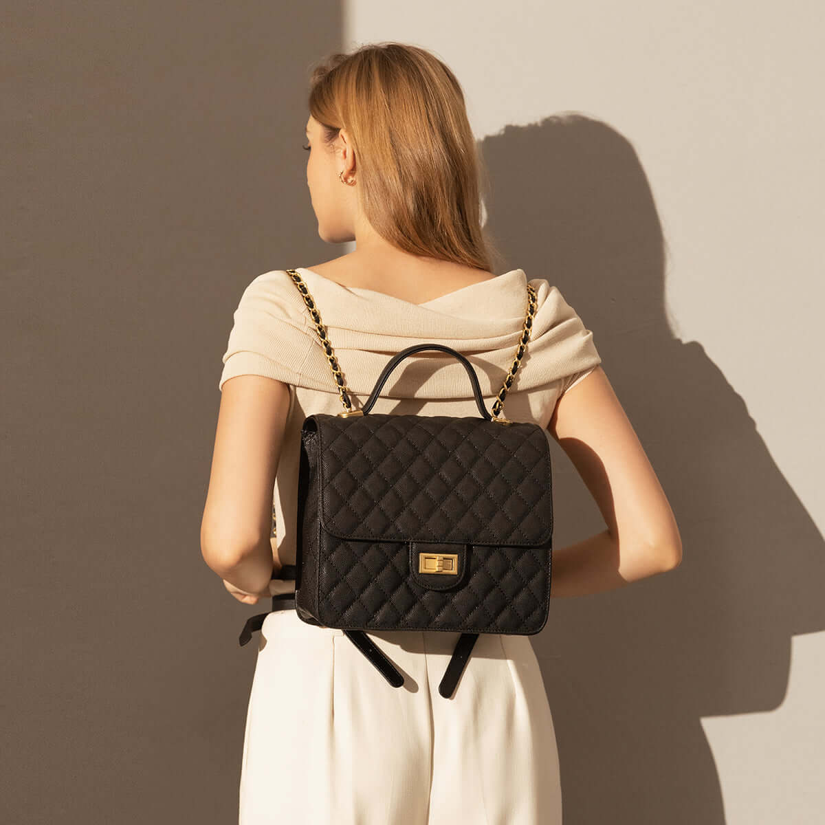 Elegant Leather Chain Strap Black Quilted Flap Satchel Backpack-3