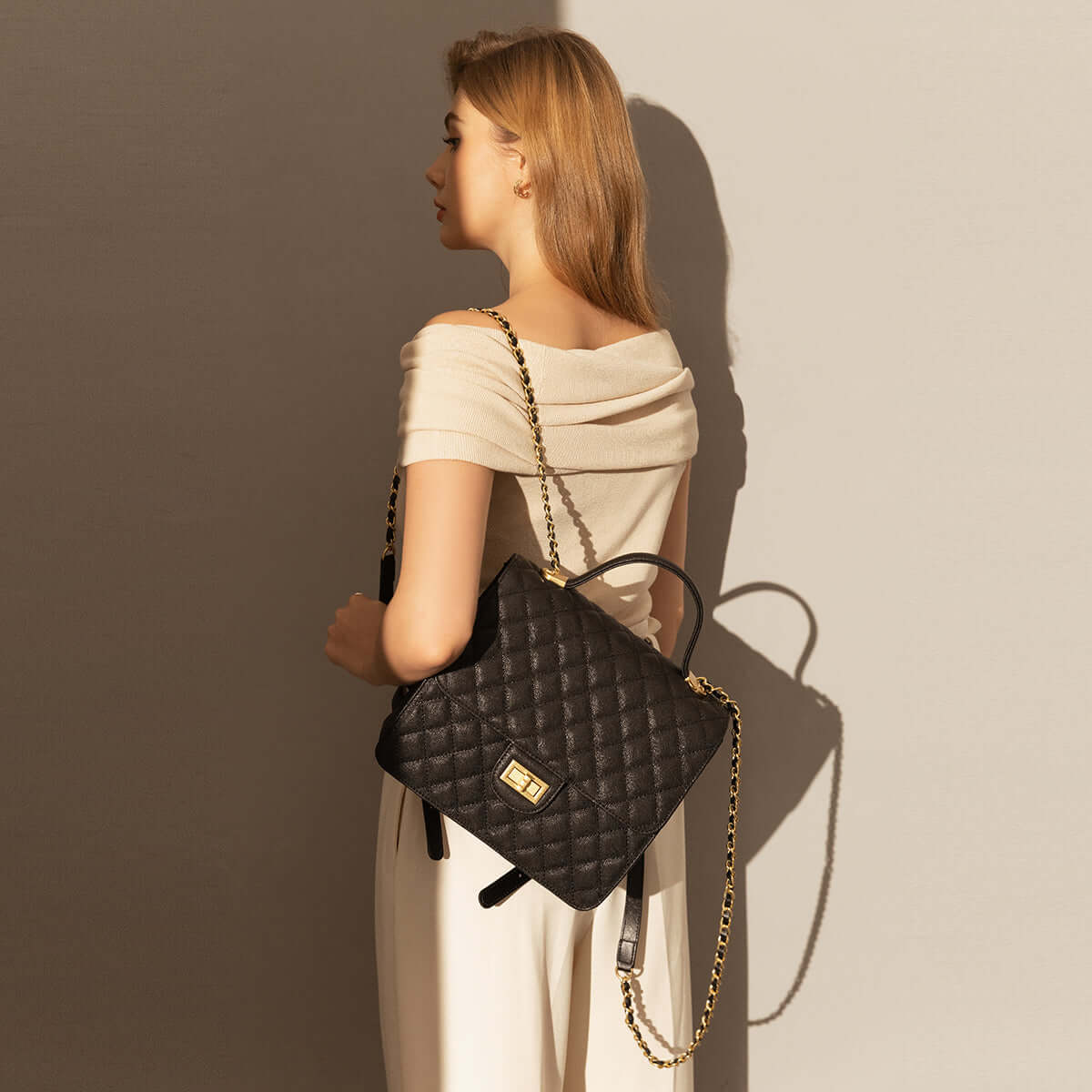 Elegant Leather Chain Strap Black Quilted Flap Satchel Backpack-4