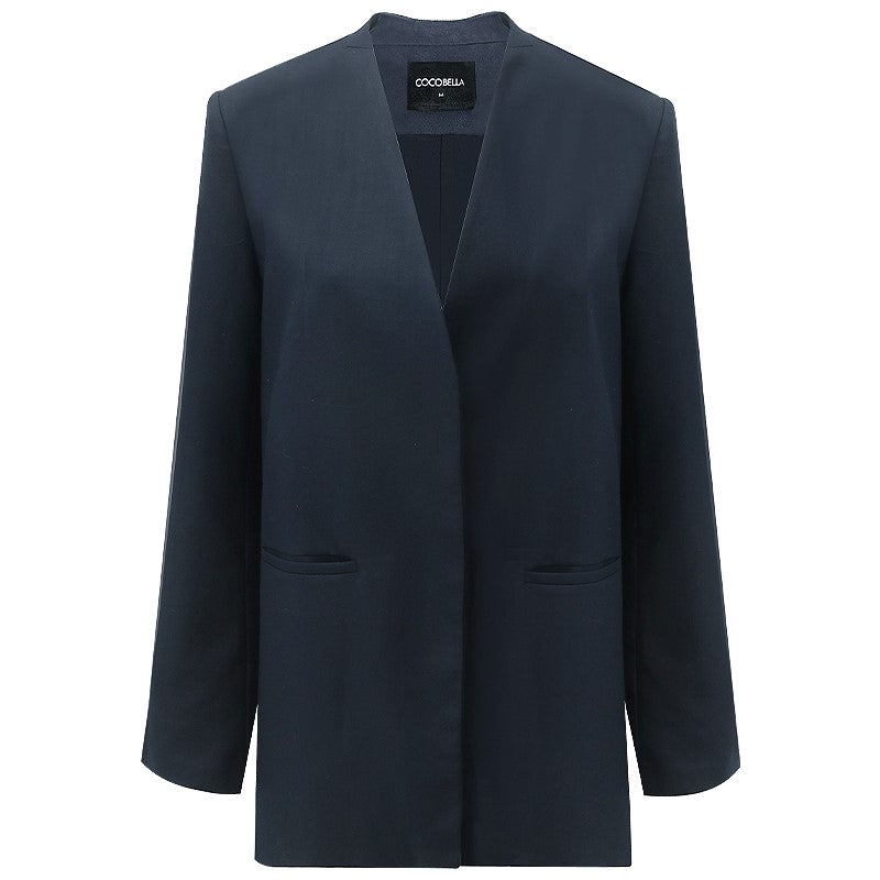Minimalist Navy Collarless Tailored Blazer-3