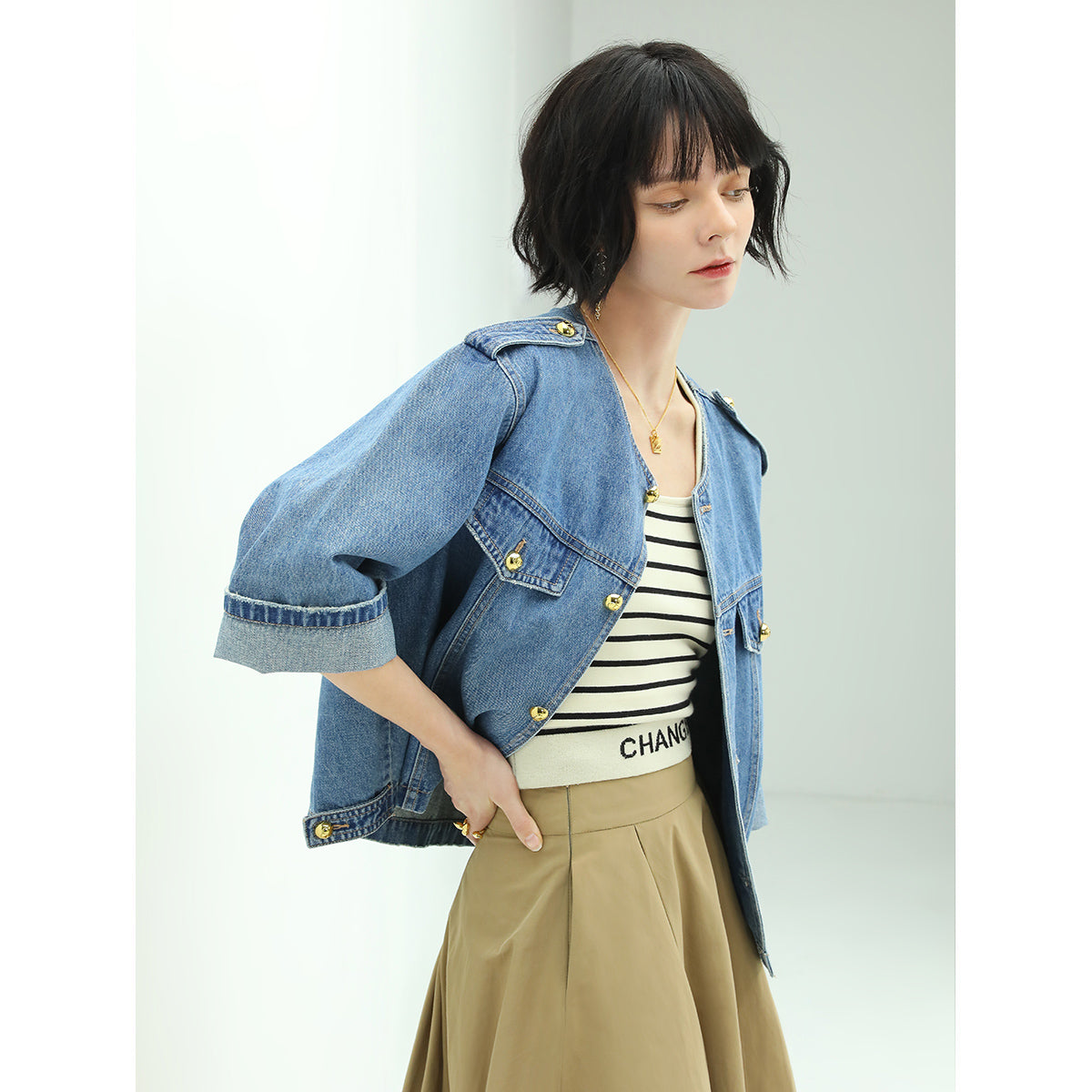Modern Military Inspired Cropped Blue Denim Jacket-2