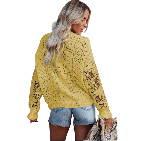 Open-Knit Lace Detail Relaxed Sweater - back view