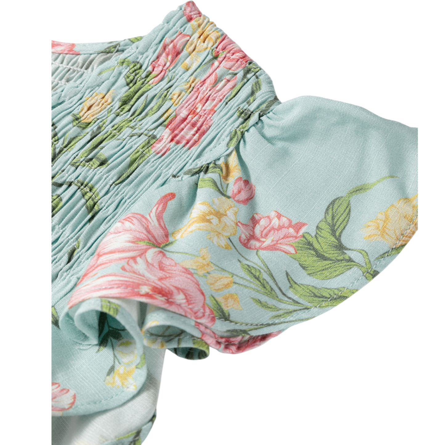 Floral-patterned fabric with pink and yellow flowers on a light blue background