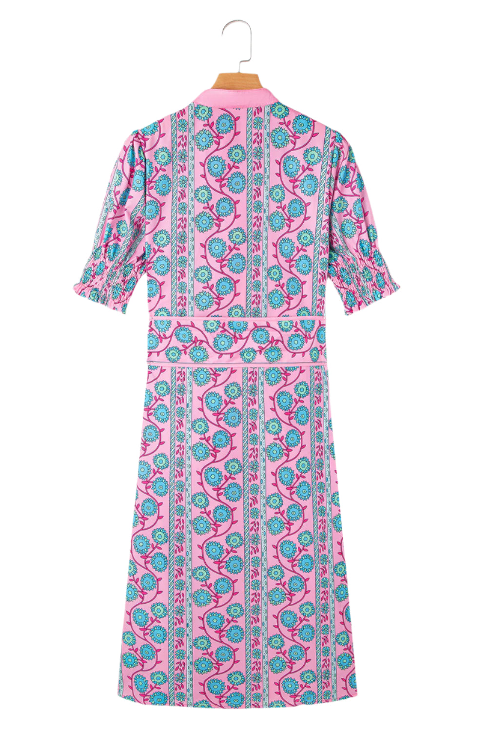 Back view of a pink floral boho belted maxi dress with shirred short sleeves, ideal for summer events and casual outings.