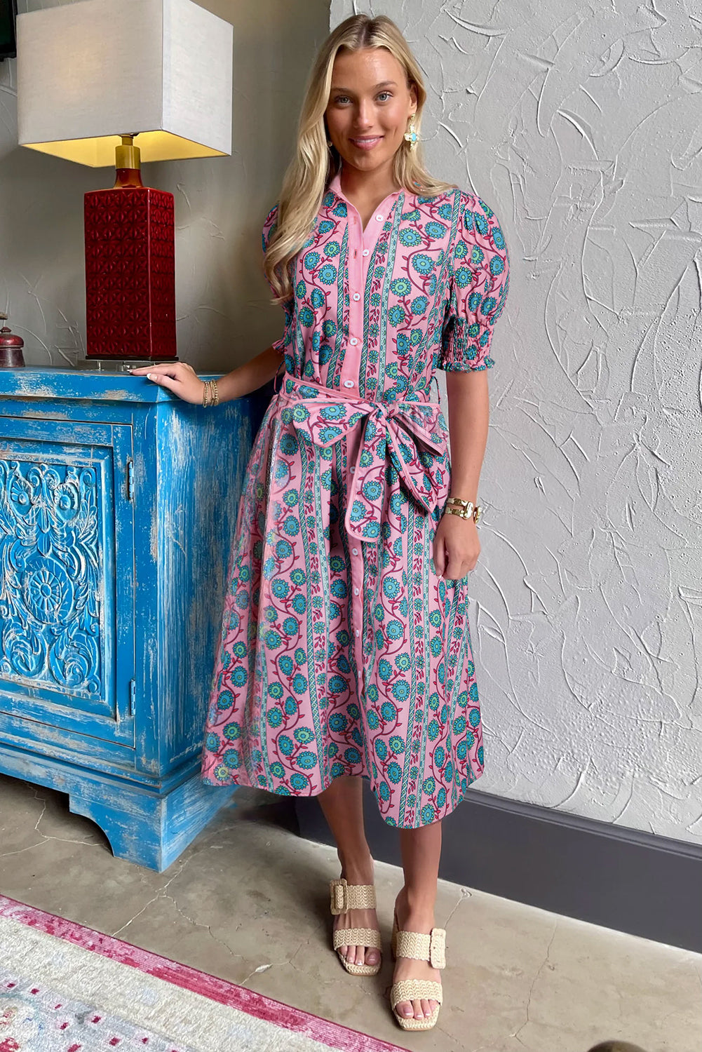 Pink Boho Floral Belted Dress, indoor setting- Catherine Martin