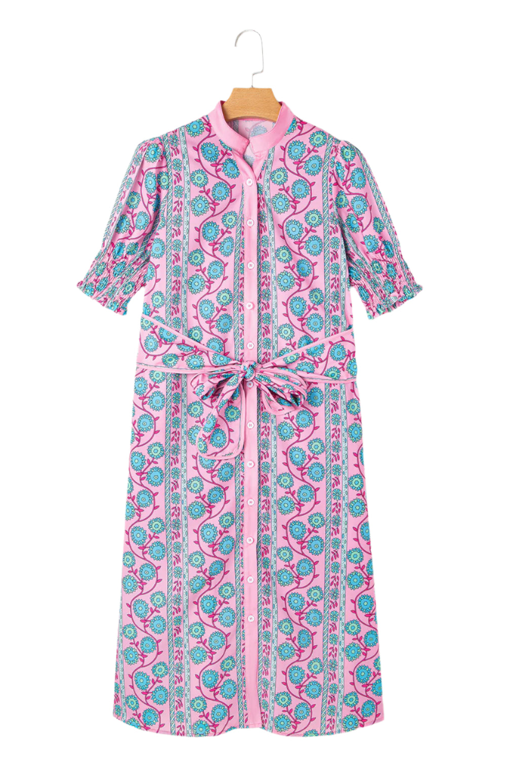 Front view of a pink floral boho belted maxi dress with shirred short sleeves, ideal for summer events and casual outings.
