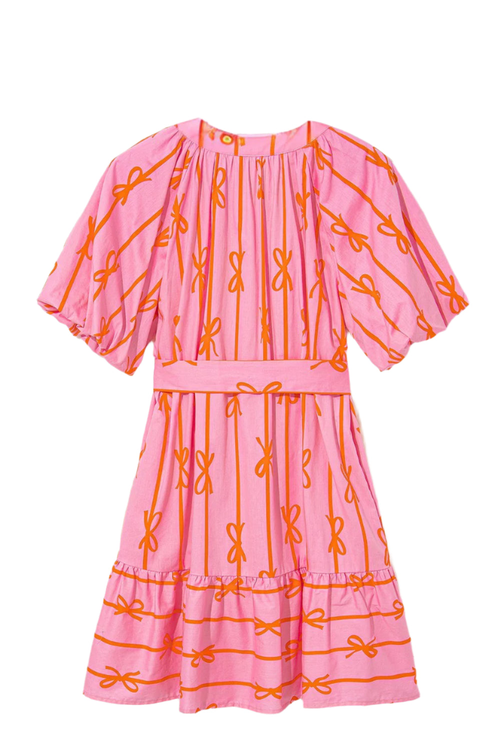 Back view of pink mini dress with bow print details, perfect for summer occasions.