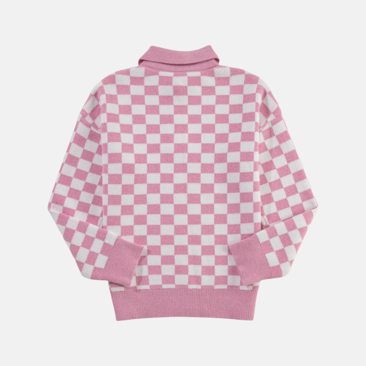 Pink checkerboard polo knit jumper flat lay back view showing ribbed cuffs and hem