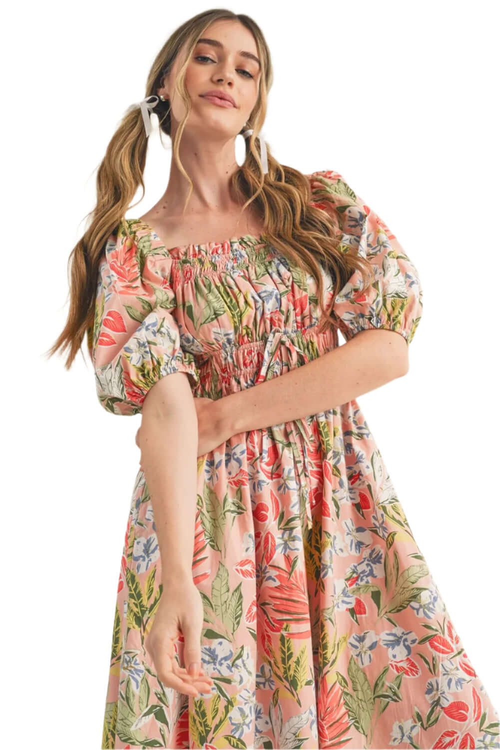 Pink Floral Smocked Midi Dress - Catherine Martin. Focus view