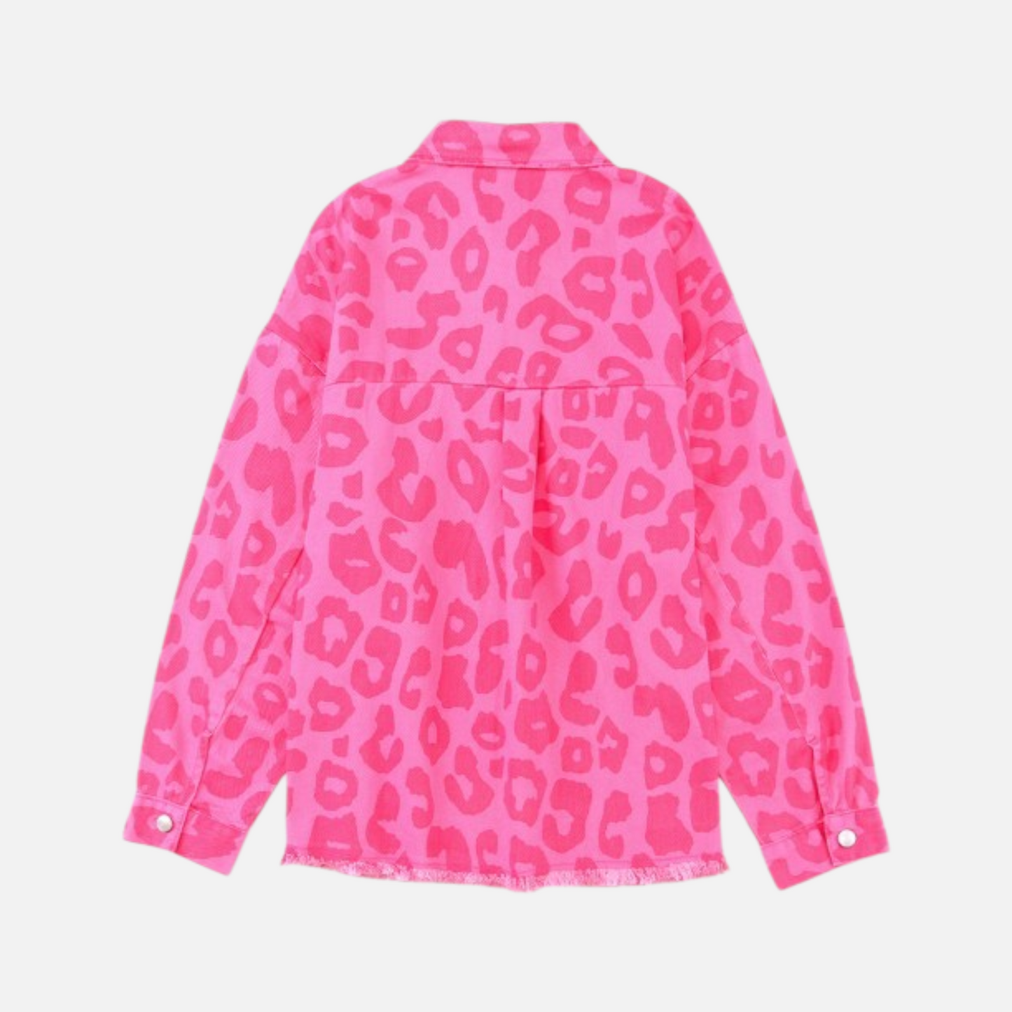Rear view of the pink leopard print denim-style jacket, showcasing the relaxed fit, clean back panel, and frayed raw hem detail.