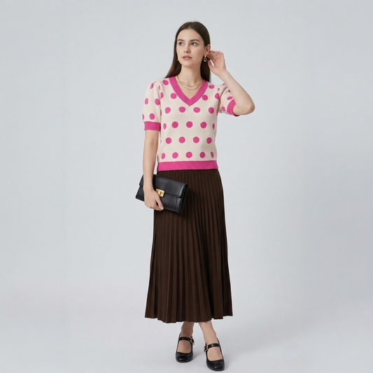 Model holding a black leather clutch while wearing a cream and pink polka dot knit top and brown pleated midi skirt.