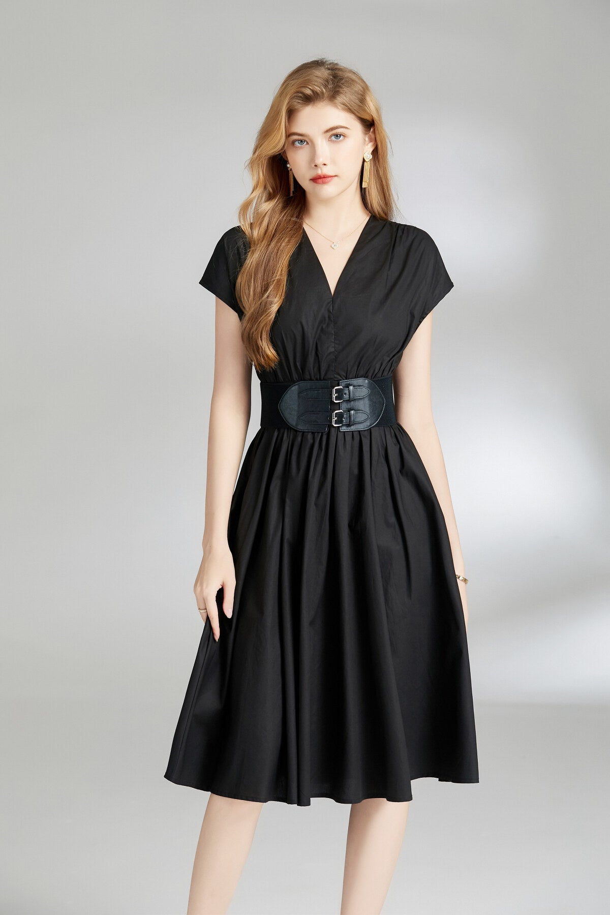 Plunging Neckline Cinched Waist Dress-1