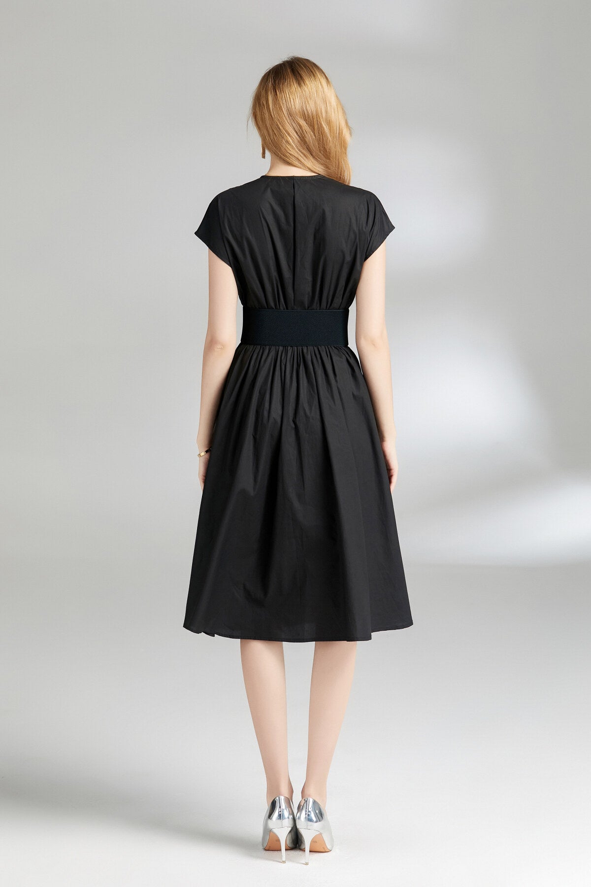 Plunging Neckline Cinched Waist Dress-3