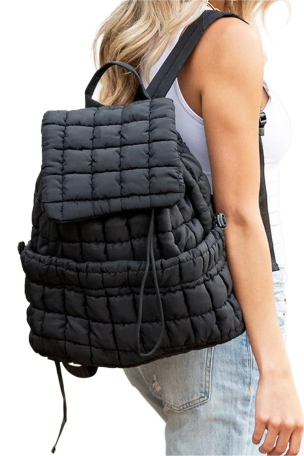 Black quilted puffer backpack for women.