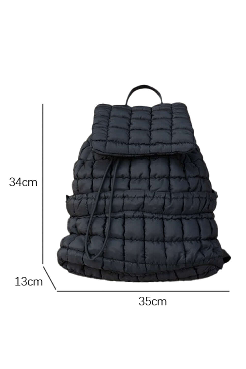 Black quilted puffer backpack with measurements.