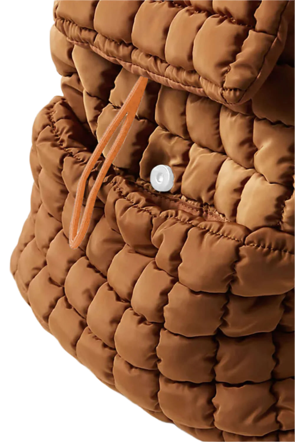 Third photo of quilted puffer backpack, coffee color.