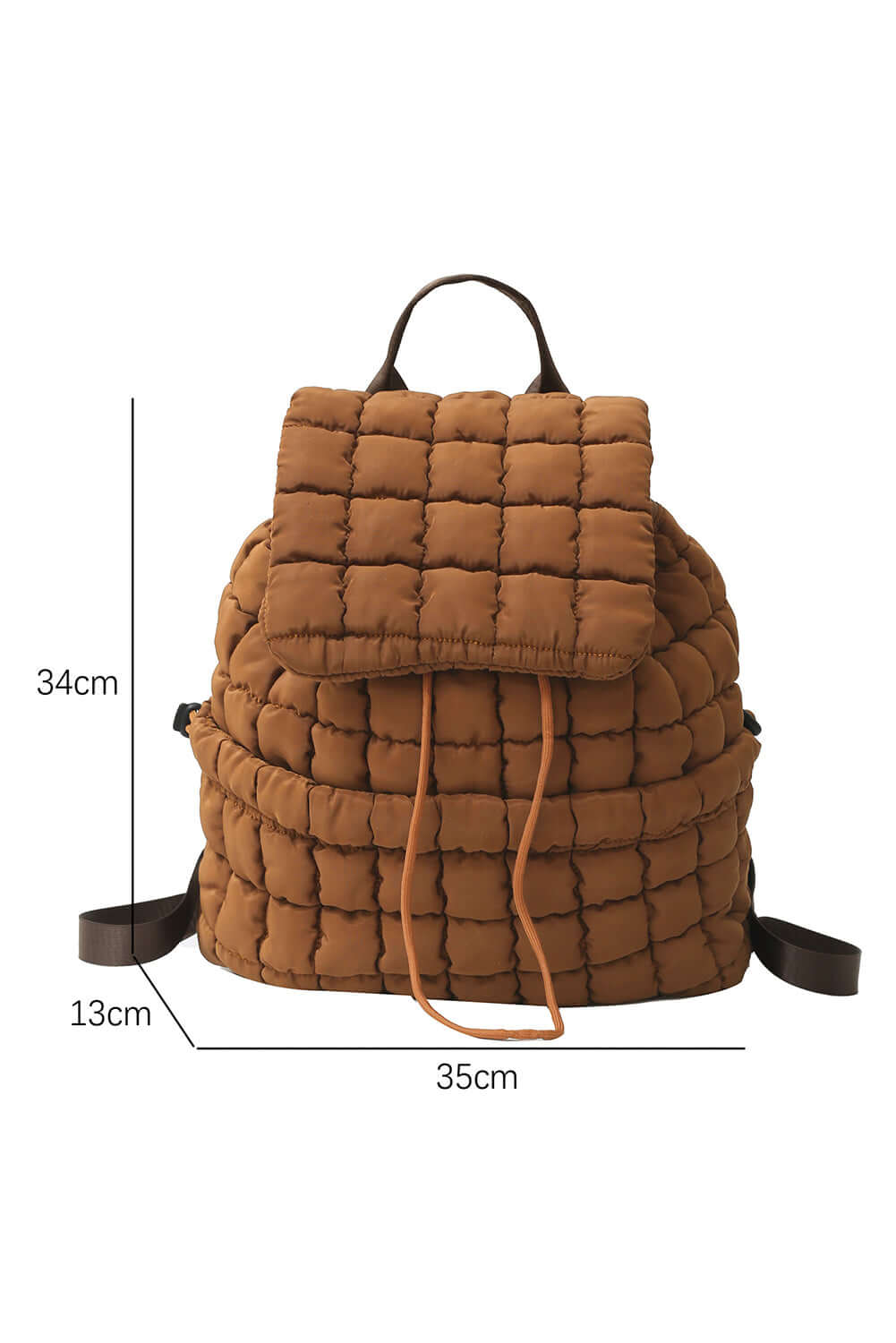 Photo of quilted puffer backpack, coffee color with measurement details.