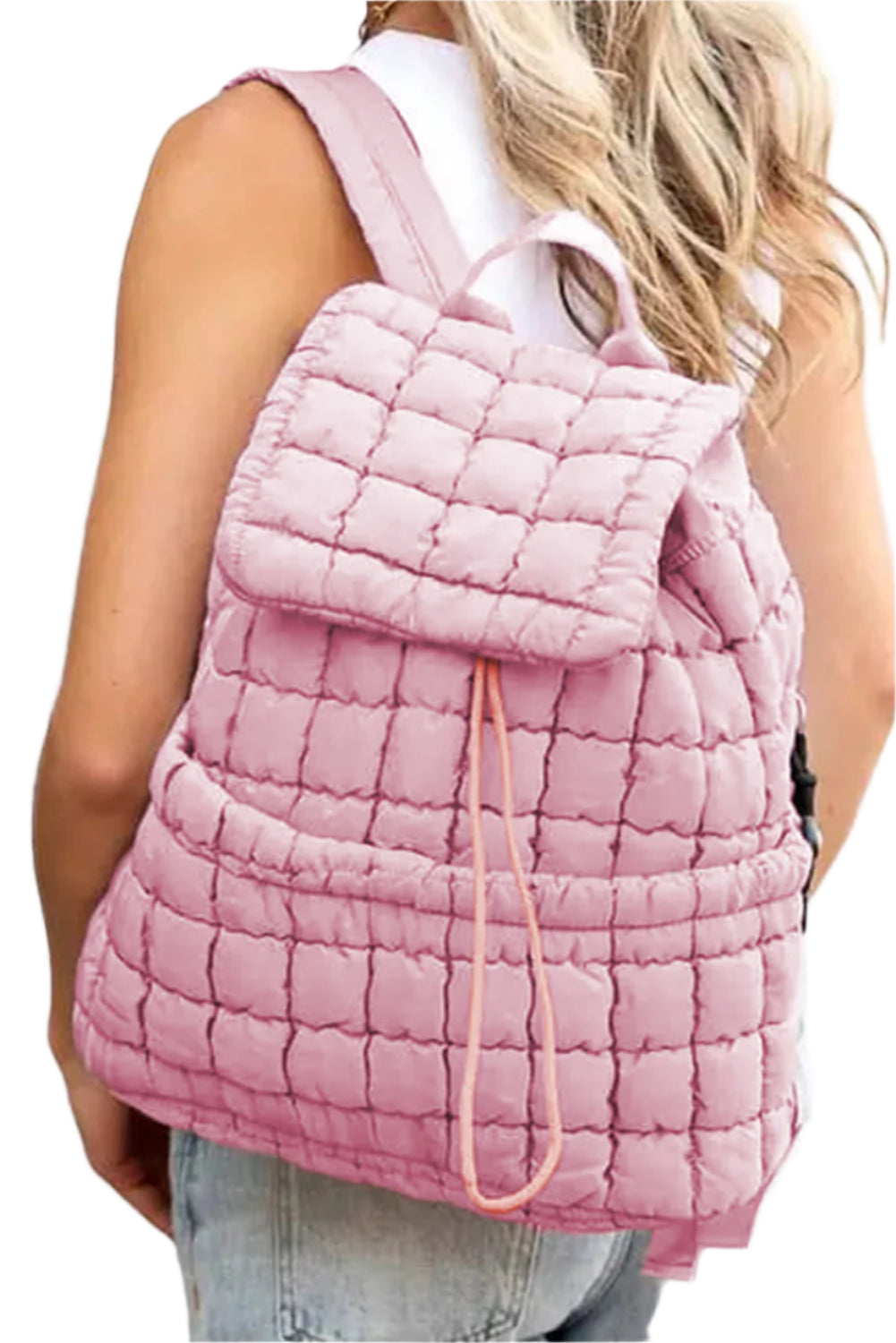 Pink quilted puffer backpack for women.