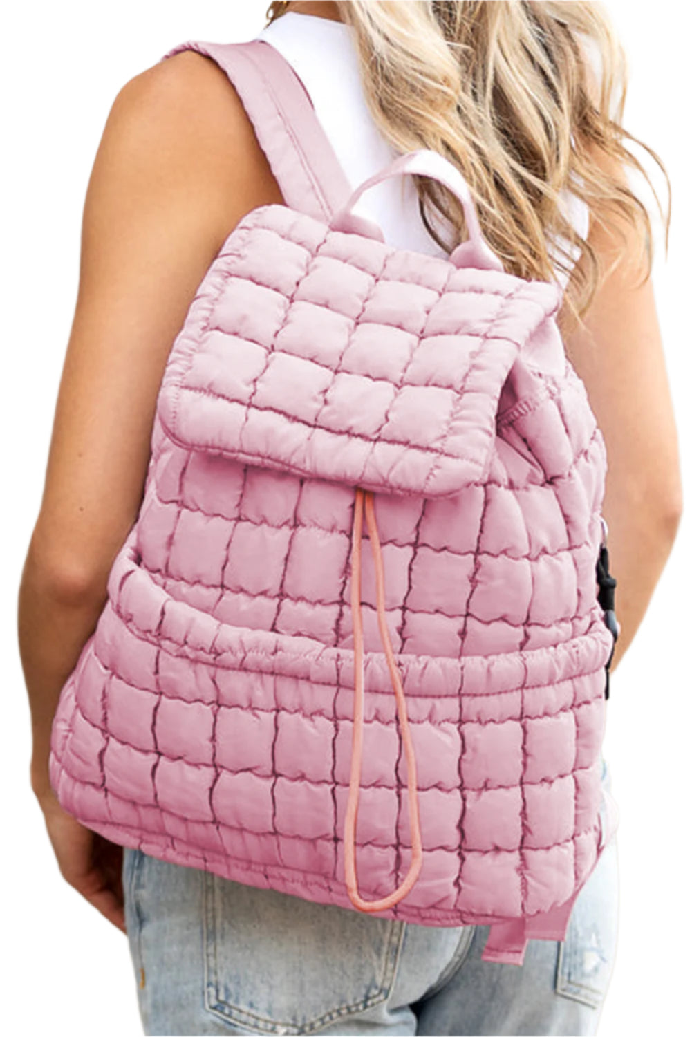 Pink quilted puffer backpack for ladies.