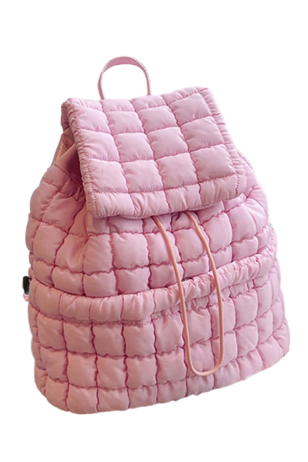 Stylish and trendy pink quilted puffer backpack, women's.