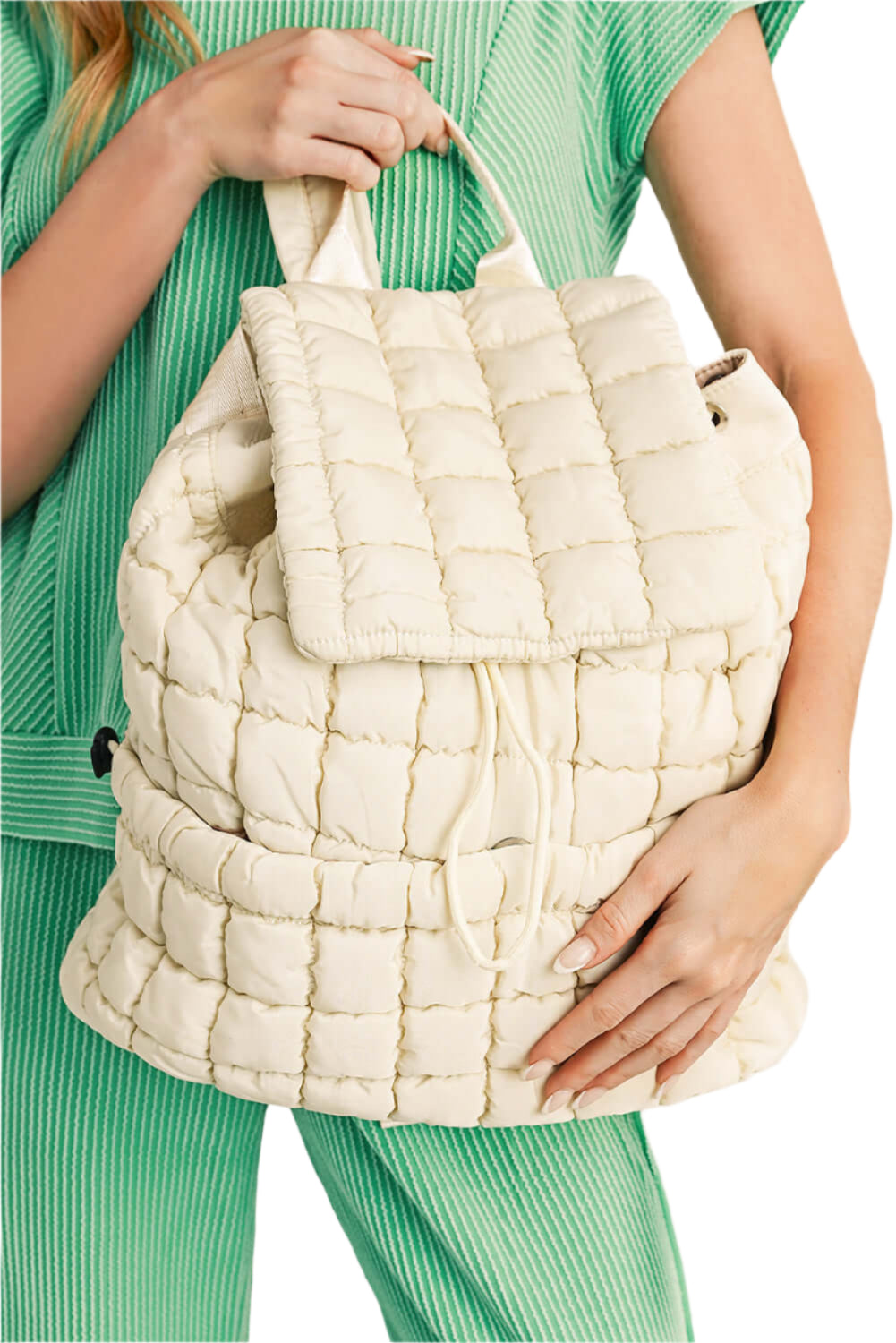Second photo of quilted puffer backpack, white color.