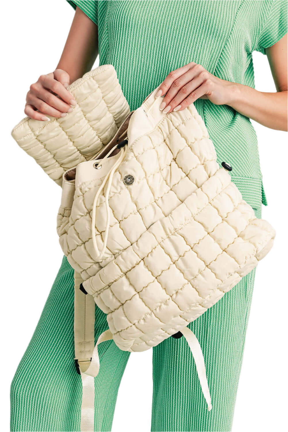 Quilted puffer backpack for women, coffee color.