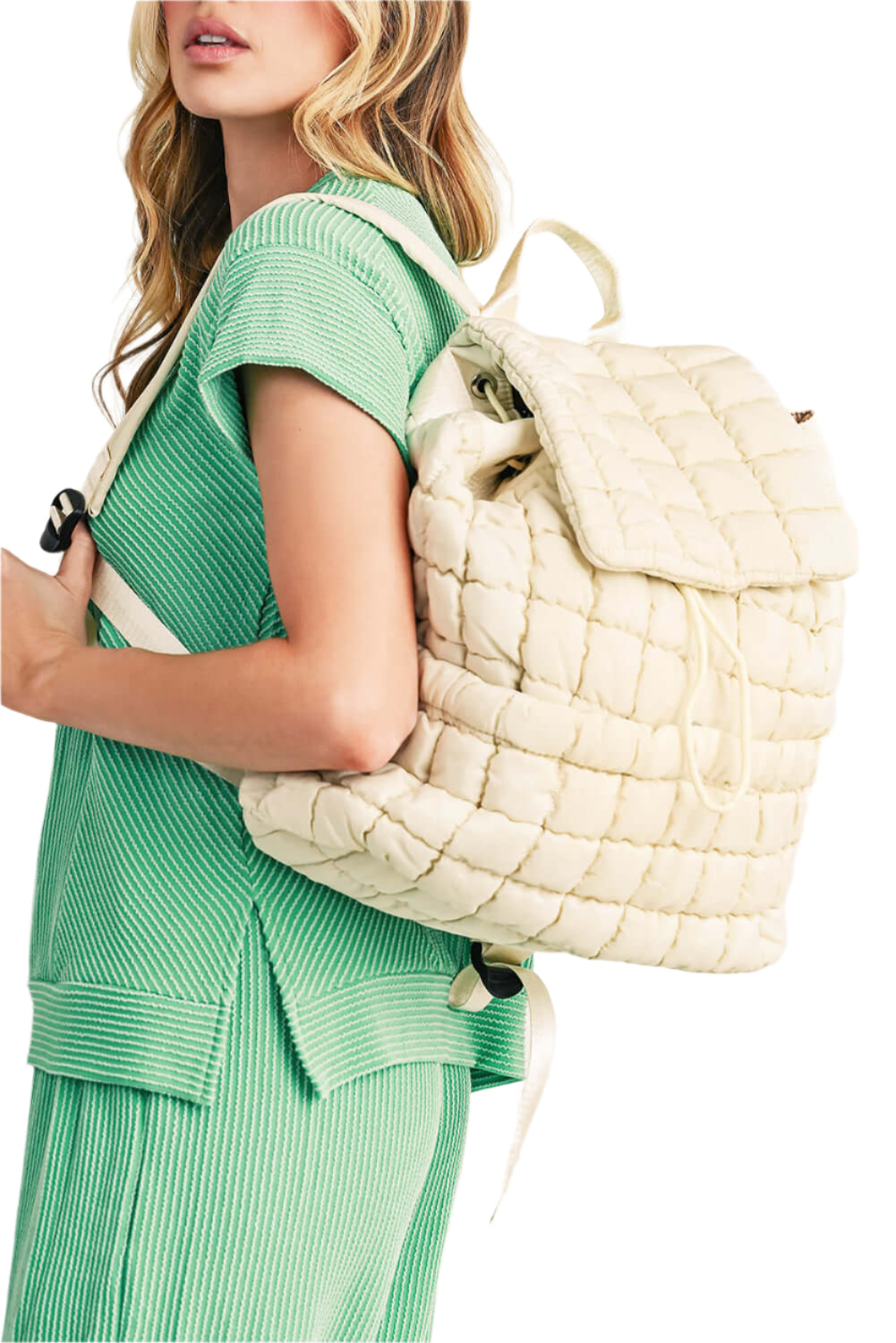 Stylish white quilted puffer backpack for ladies.