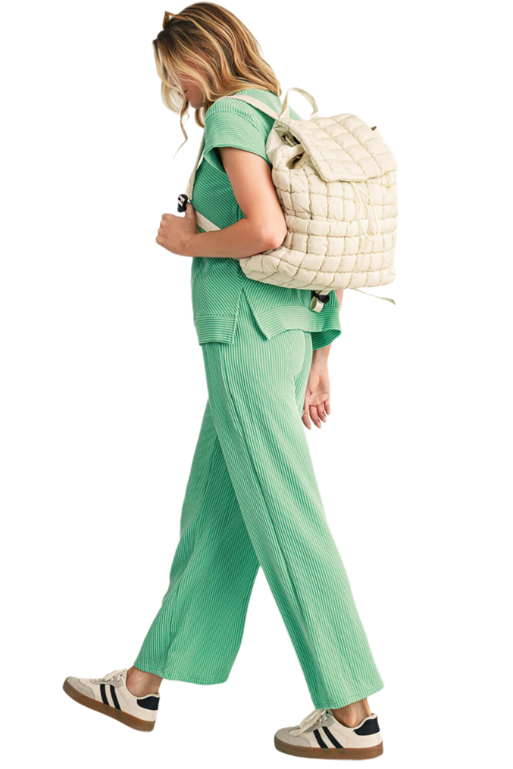 Lightweight quilted puffer backpack for ladies, white color.