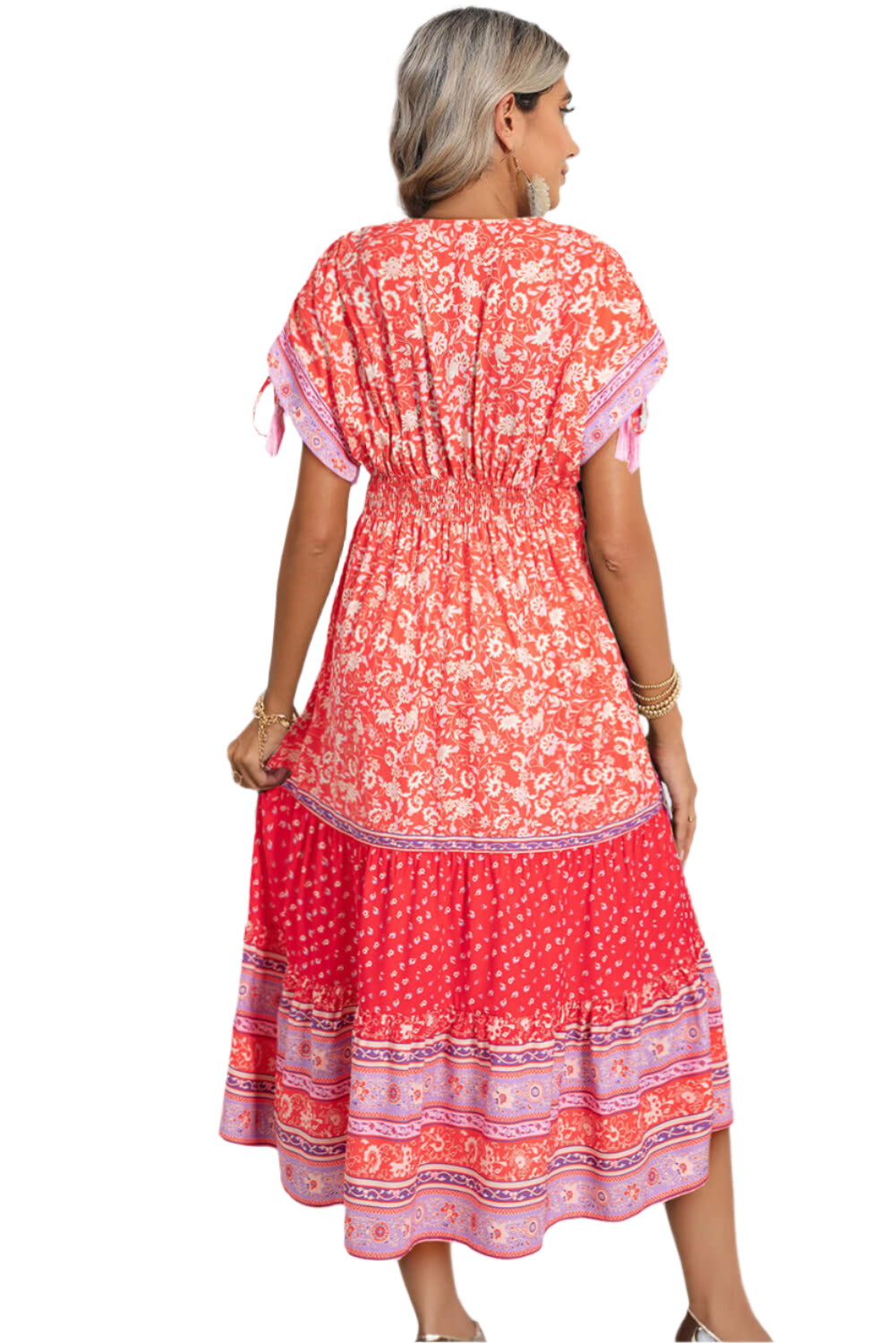 Back view of Red Boho Floral Maxi Dress - Tie Sleeves.