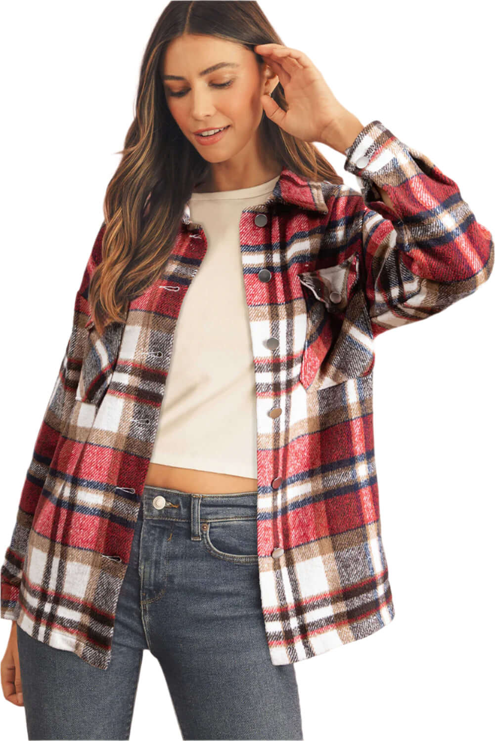 Women's Chic Plaid Flannel Shirt - Red colour. Full front view against white background.