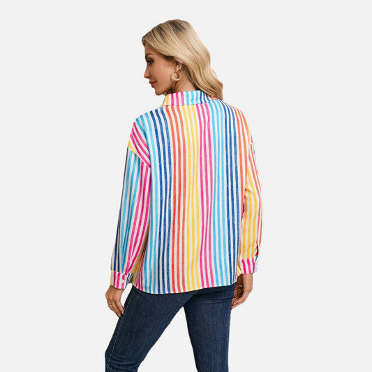 Rear view of the vibrant striped shirt showcasing the relaxed fit and vertical multi-tonal stripe pattern.