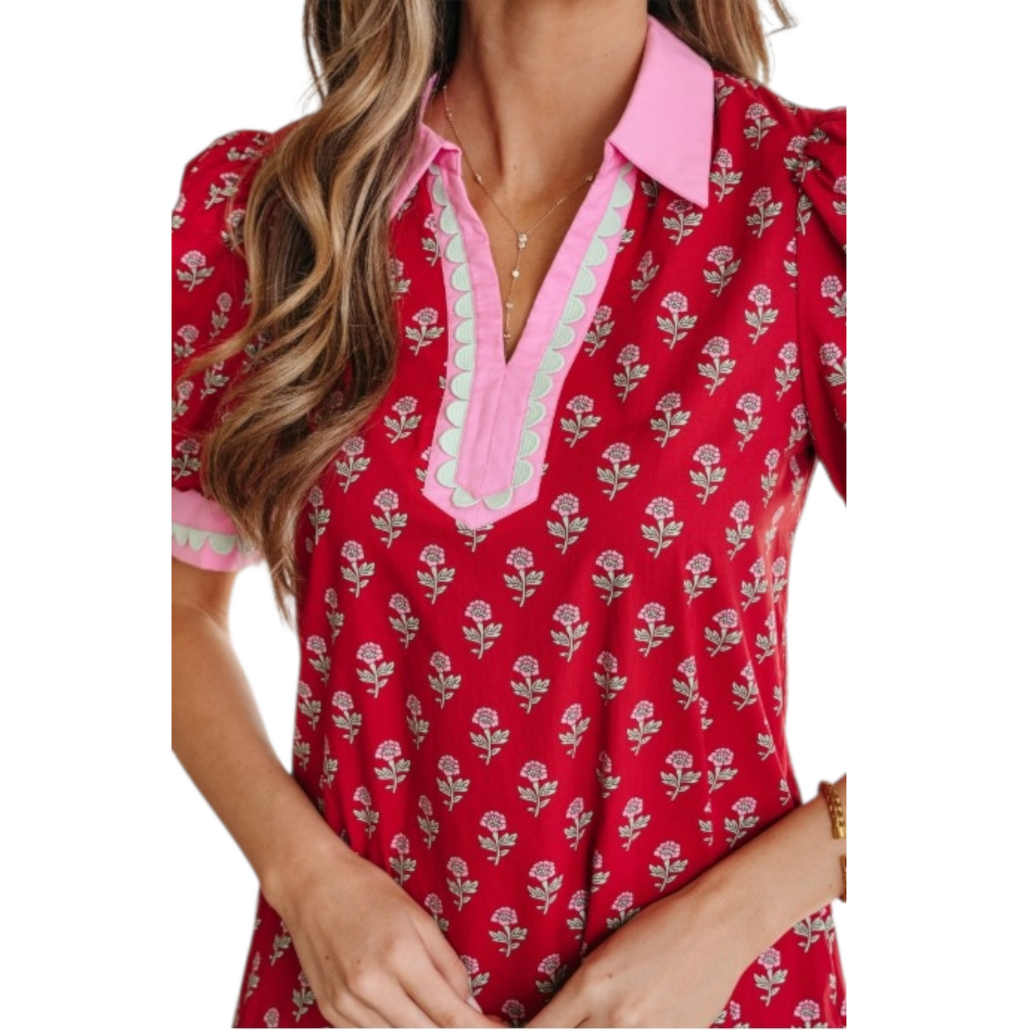 Red floral dress with pink collar and trim worn by a model