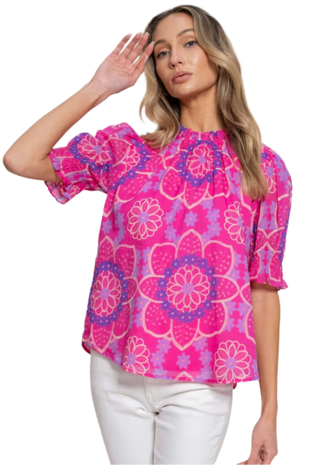 Stylish, romantic floral print blouse perfect for spring and summer.