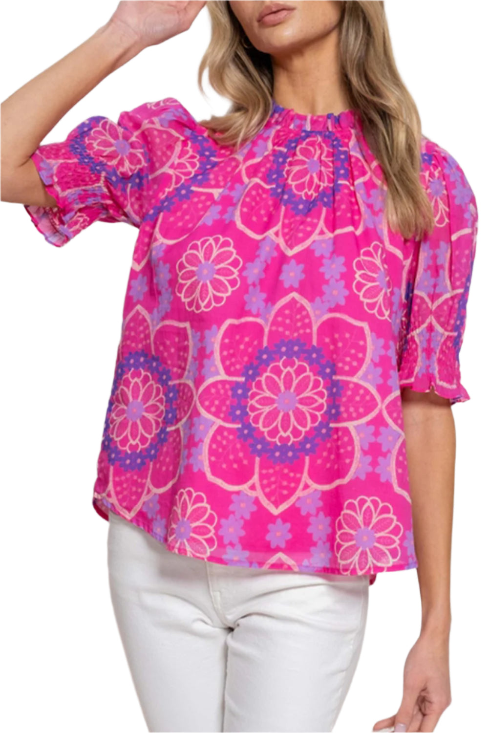 Rose floral print blouse with frill neck and smocked cuffs.