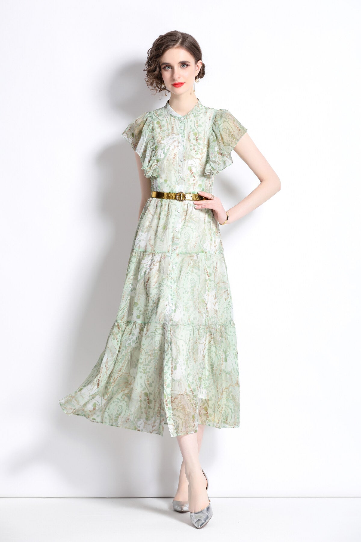 Ruffled Short Sleeve Belted Mint Green Midi Dress-1