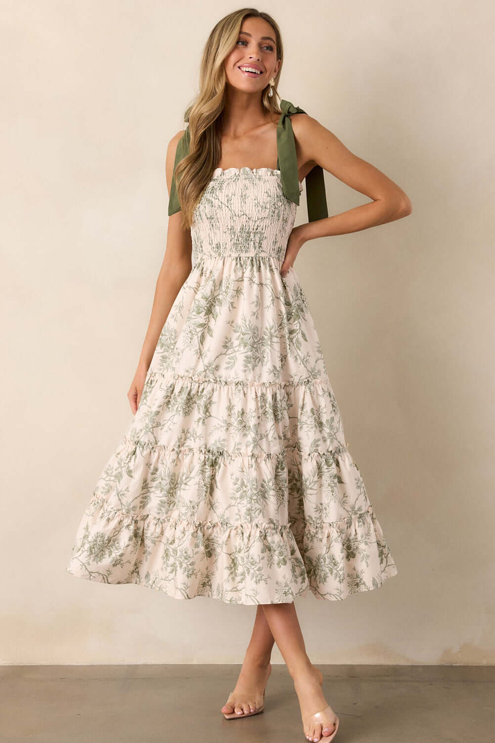 Sage & Sand Smocked Floral Midi Dress - Catherine Martin