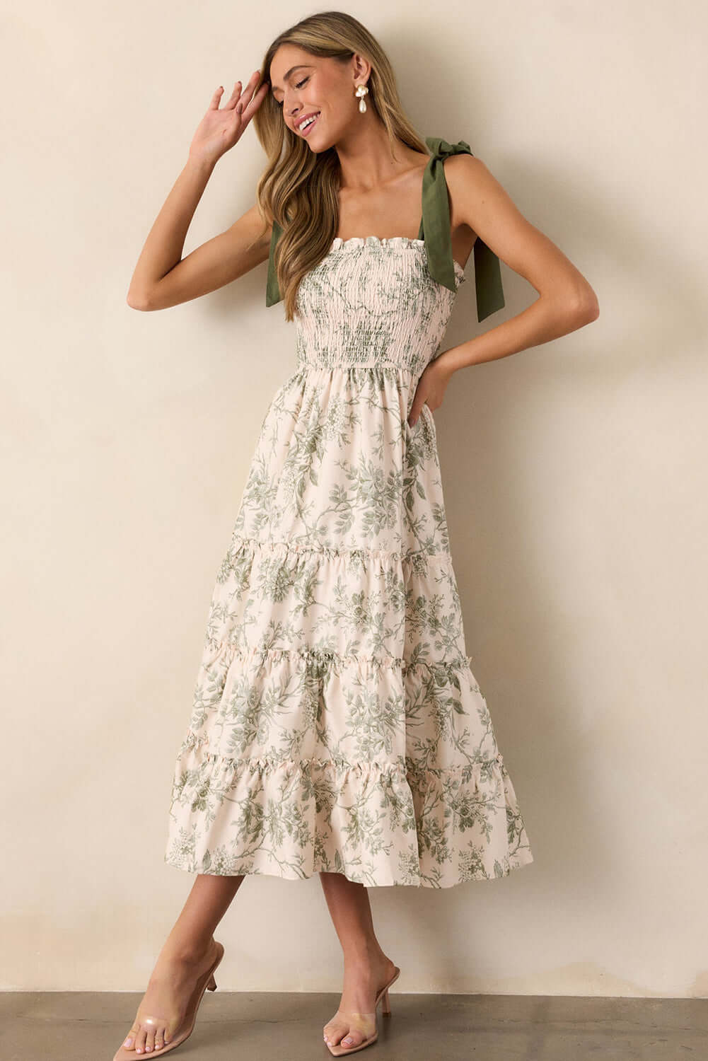 Sage & Sand Smocked Floral Midi Dress