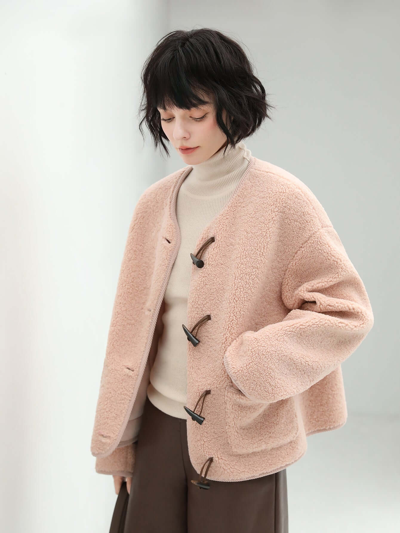 Salmon Pink Retro Plush Fleece Jacket-1