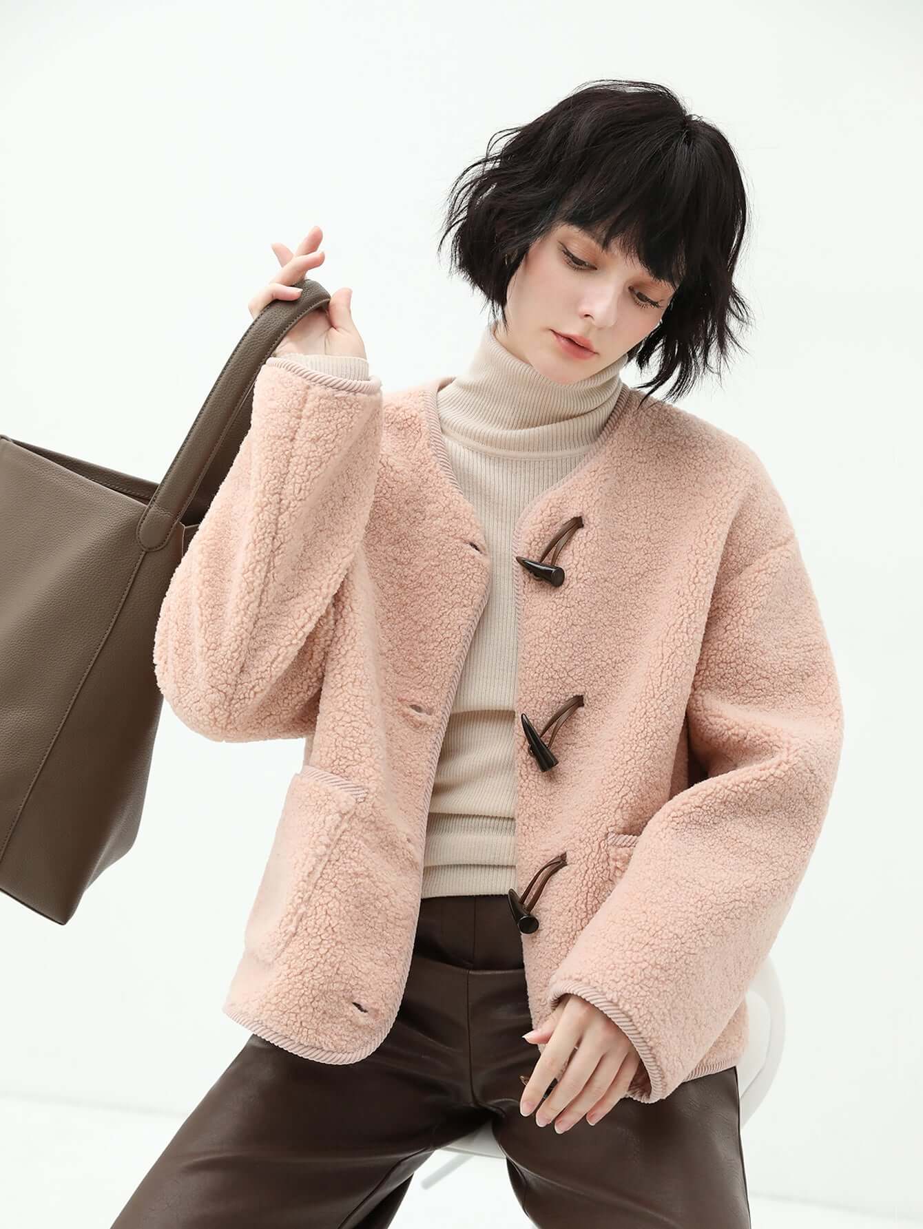 Salmon Pink Retro Plush Fleece Jacket-2