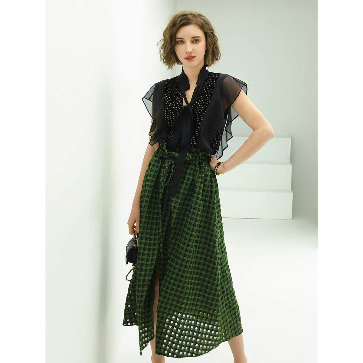 Cocobella Semi Sheer Checkered Green Skirt-0