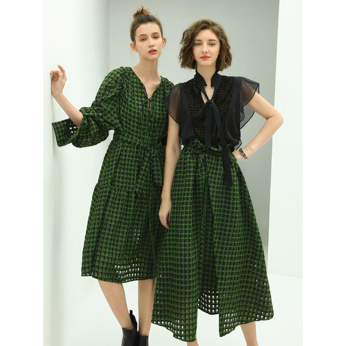 Cocobella Semi Sheer Checkered Green Skirt-1