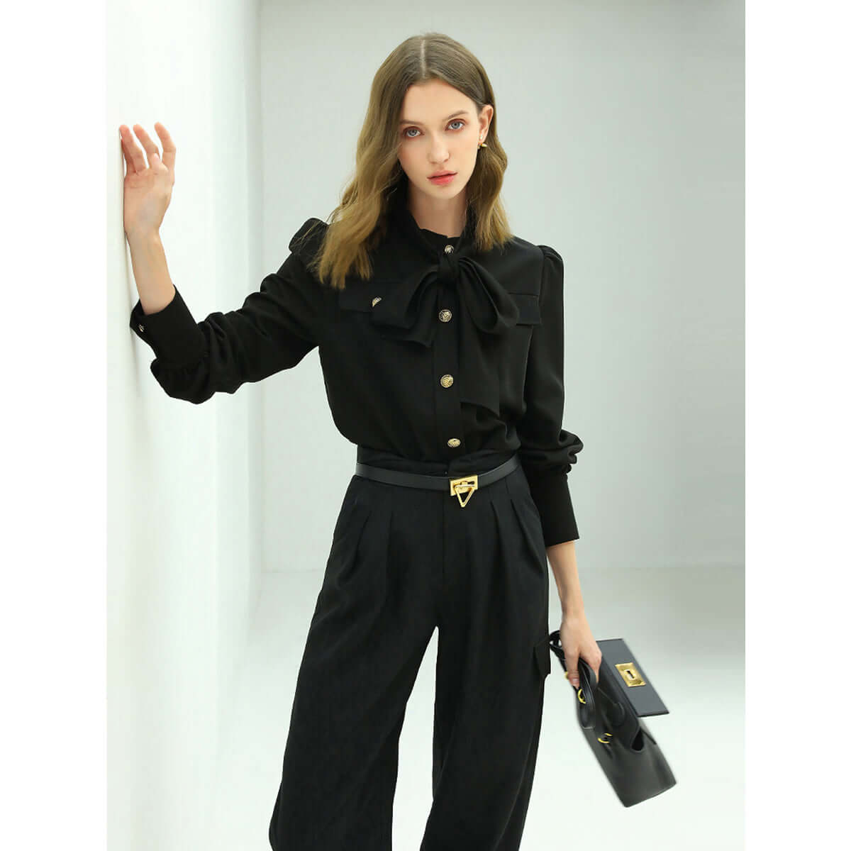 Smart Bow Tie Neck Button Down Black Shirt-1