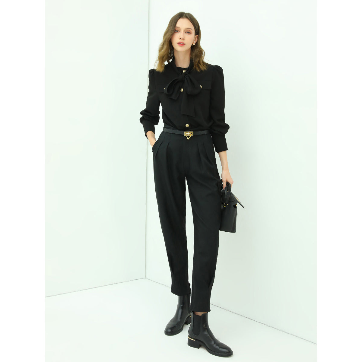 Smart Bow Tie Neck Button Down Black Shirt-2