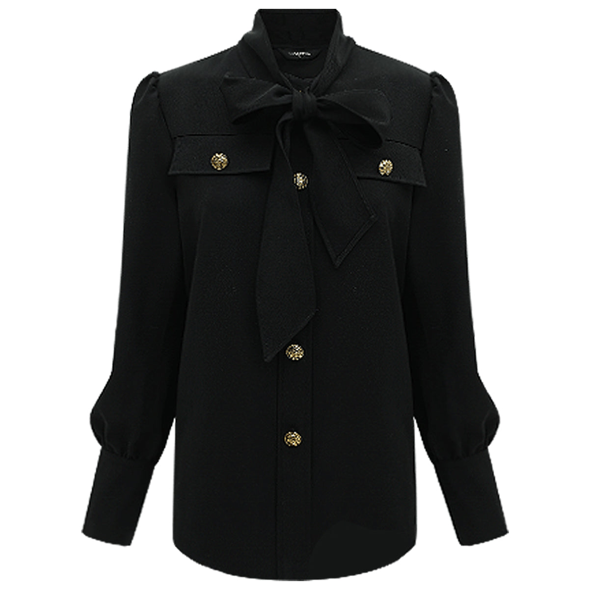 Smart Bow Tie Neck Button Down Black Shirt-3