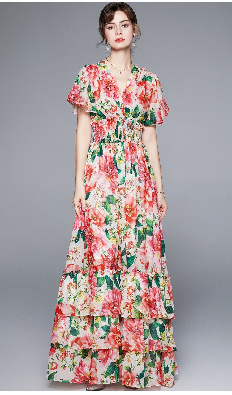 Stretchy Floral V Neck Ruffled Waist Maxi Dress-0