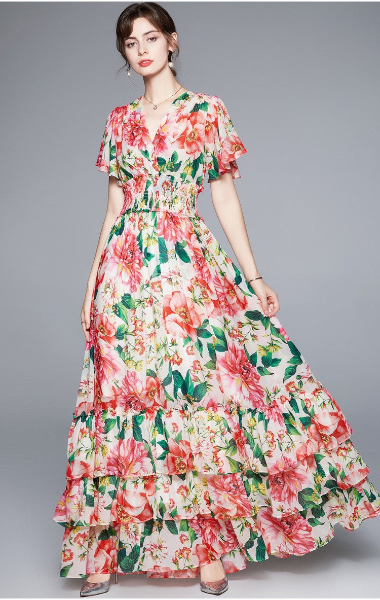 Stretchy Floral V Neck Ruffled Waist Maxi Dress-2