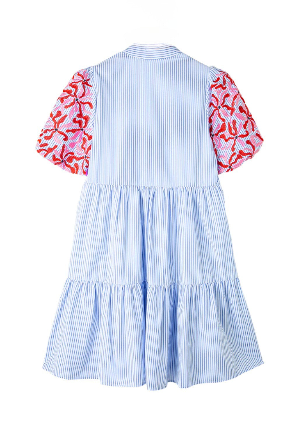 Relaxed summer sky blue striped tiered mini dress for women.