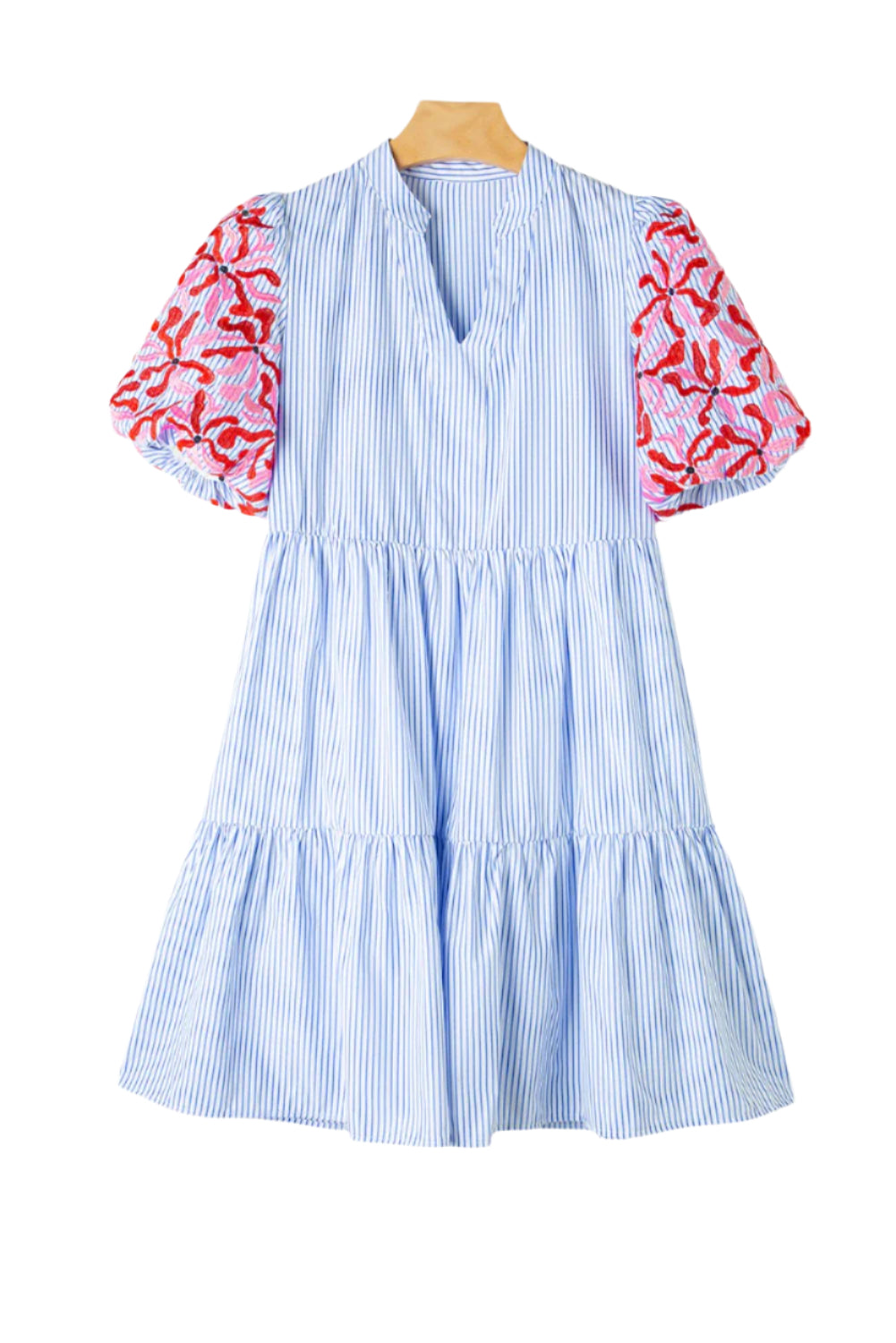 Front view of a sky blue striped tiered mini dress.