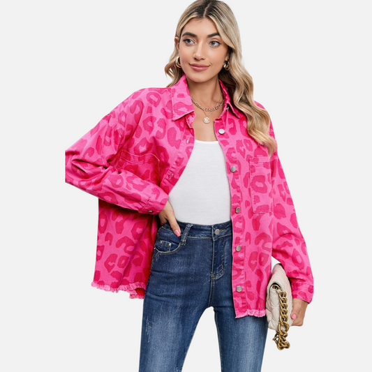 Pink Leopard Print Denim Jacket with Raw Hem