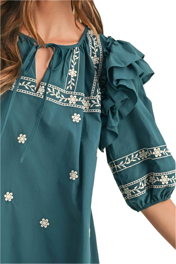 Teal Boho Floral Mini Dress