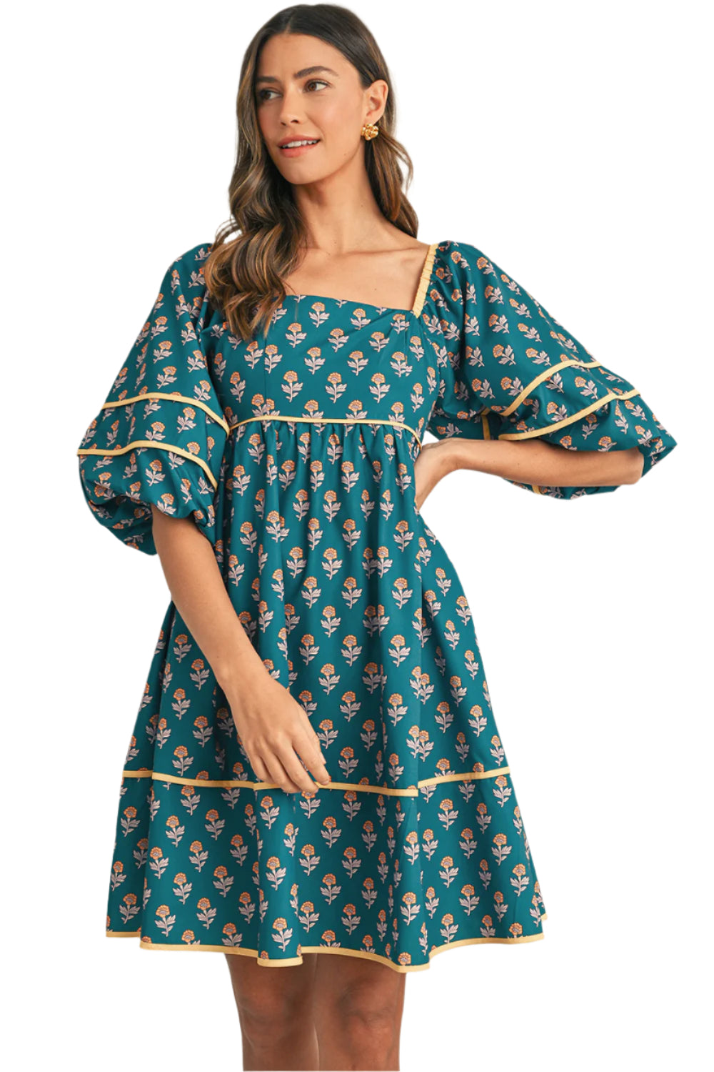 Teal floral pleated mini dress with bishop sleeves.